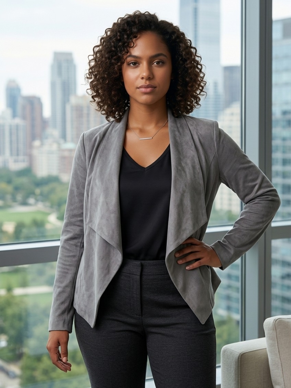 KUT From the Kloth Tayanita Faux Suede Jacket Gray Drape Front Pockets Waterfall